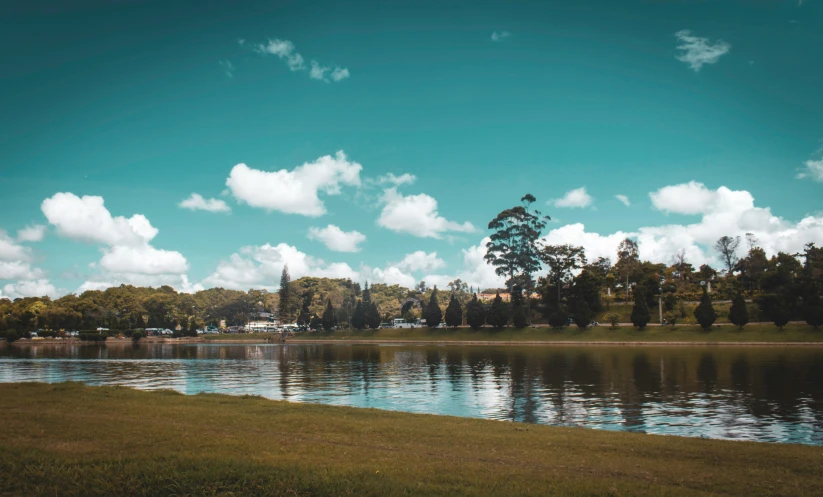 a very wide view of some water and grass