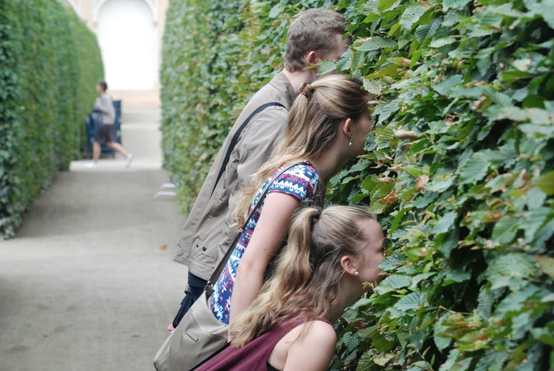 three women and a man in an overgrown courtyard