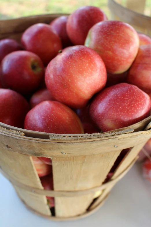 a basket full of fresh red apples sitting on top of a table