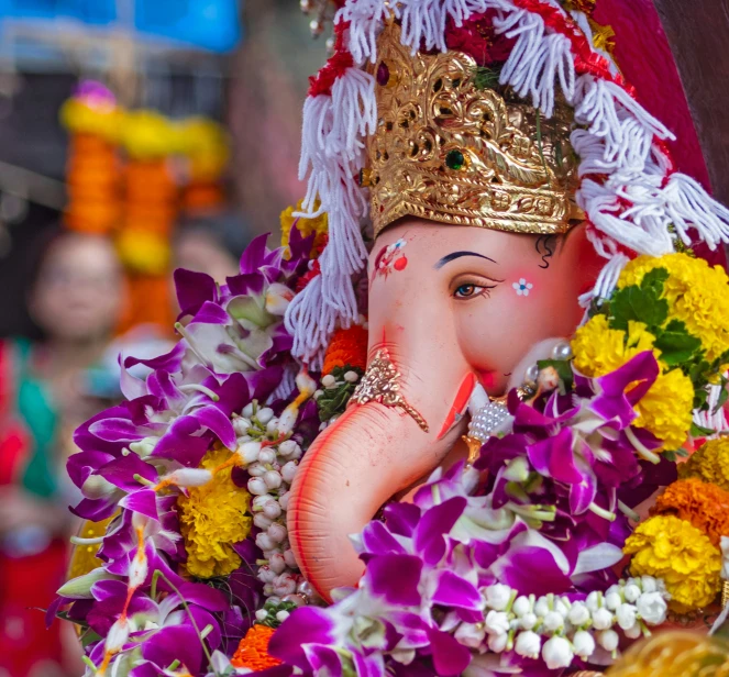 a colorfully decorated indian elephant wearing a crown