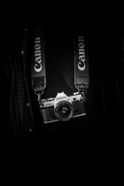 a camera strapped on to a jacket in the dark