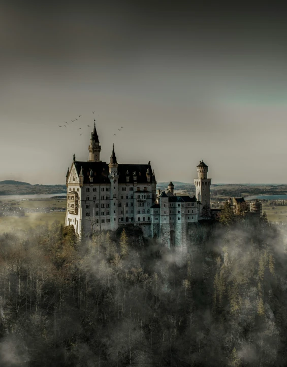 a view of a castle on a hill with fog surrounding