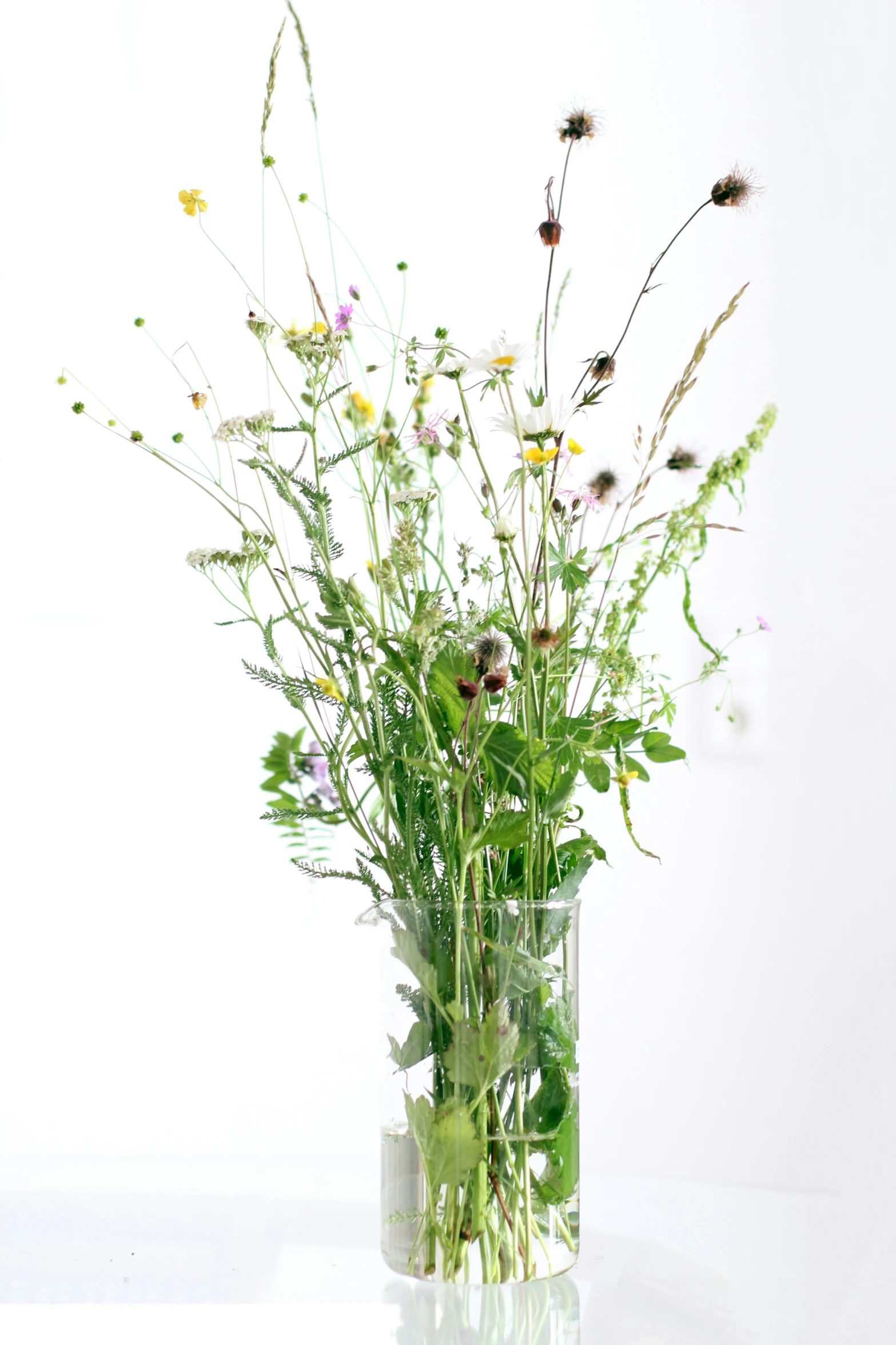a glass vase with water, grass and flowers in it