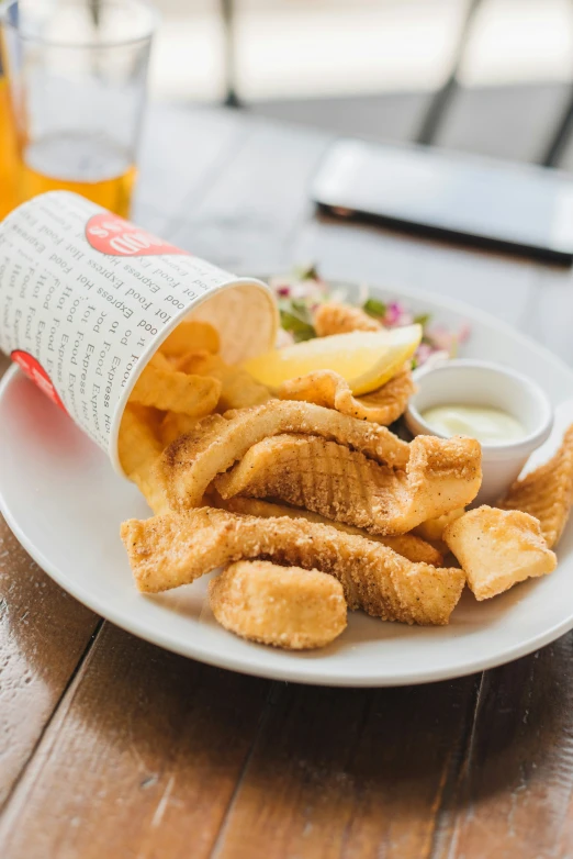 a plate with food that has onion rings on it and a cup of ketchup, apple slices, and two small bowls