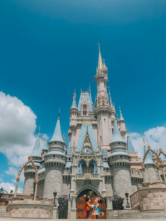 a very large castle on a blue cloudy day