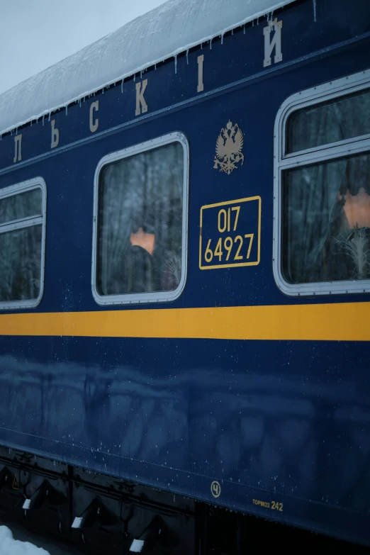 a train with lots of windows on it sitting in the snow