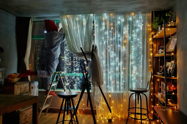 a set of lights sitting on top of a shelf