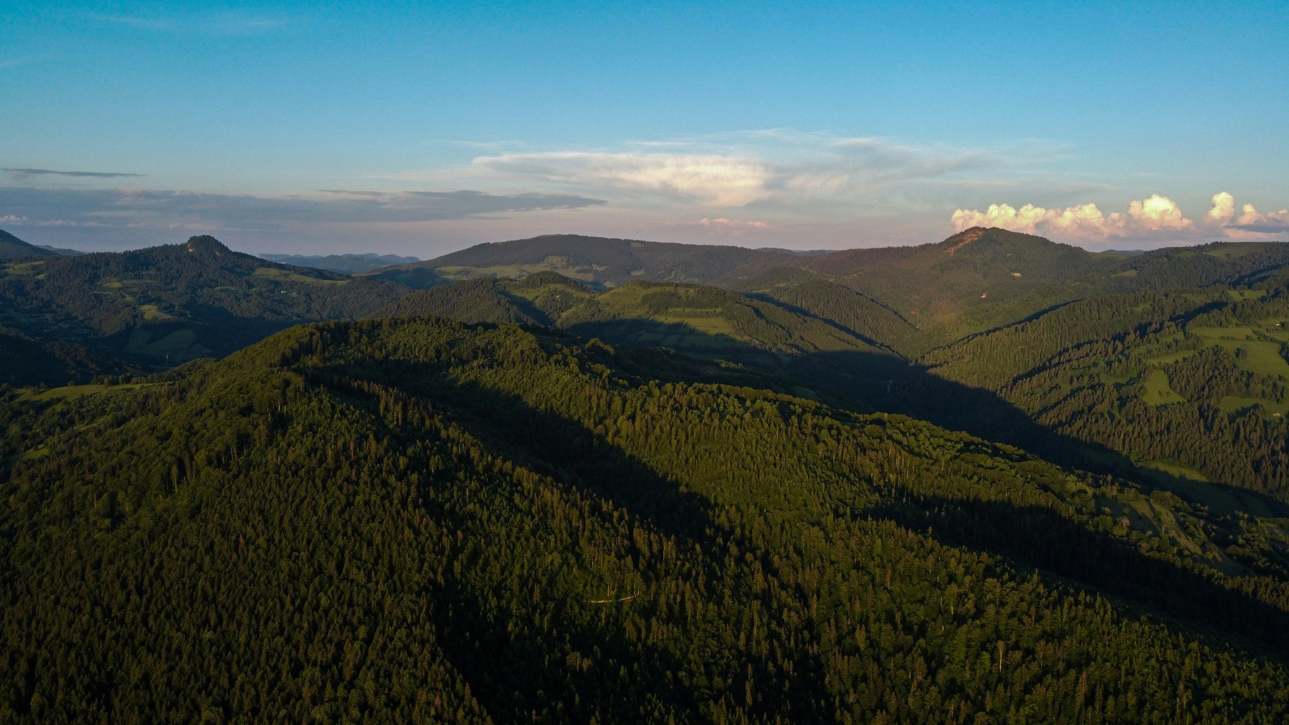 a forested, mountain range is seen with the sun coming down