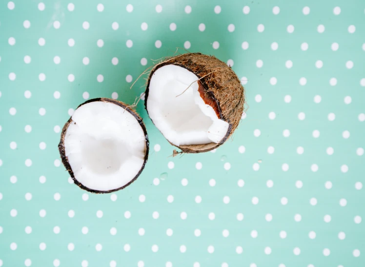 two coconuts on a green polka dotted surface