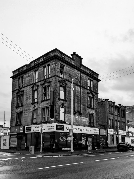 a black and white po of an old building