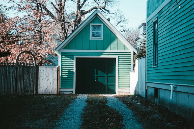 a blue and green house sits next to some trees