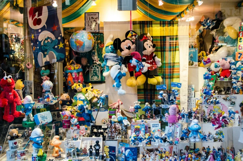 a window display of merchandise items from around the world