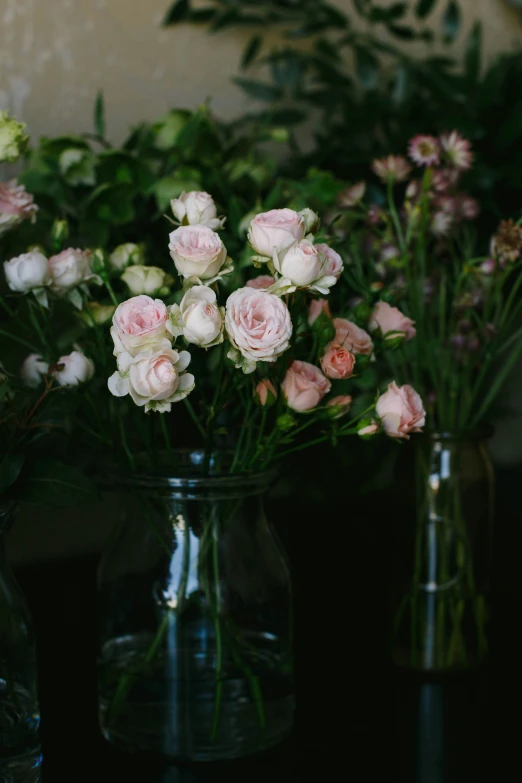 a group of flowers in vases next to each other