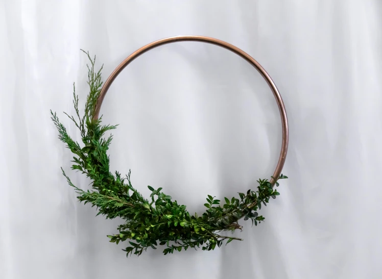 there is a wreath with evergreen and leaves inside