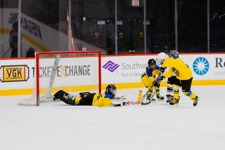 goalie falling on the ice while a group of people play