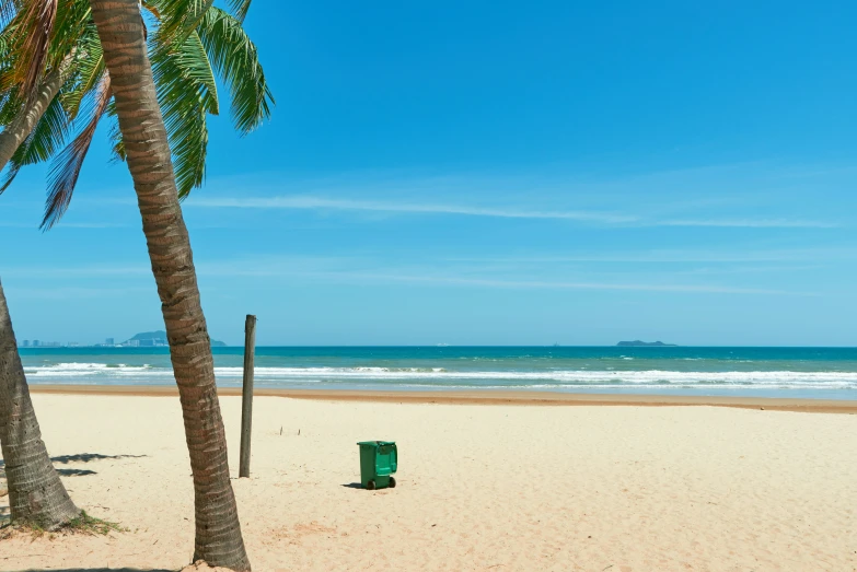 a trash can on the beach near palm trees