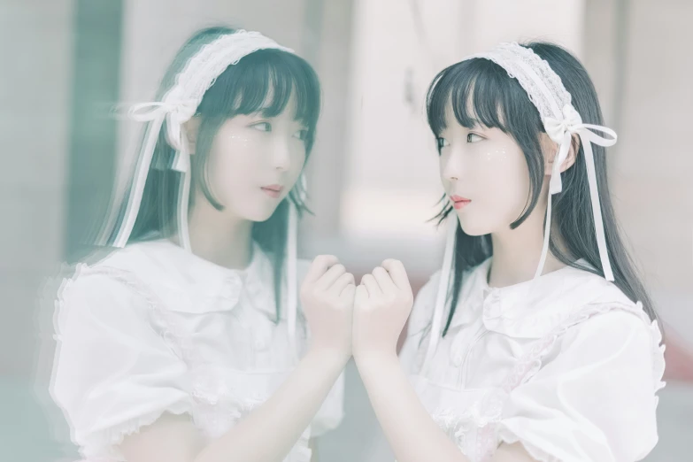 two asian women stand together in front of a mirror