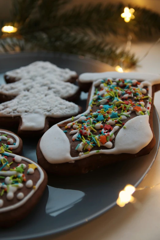 a christmas cookie and chocolate covered cookies are arranged on a gray plate