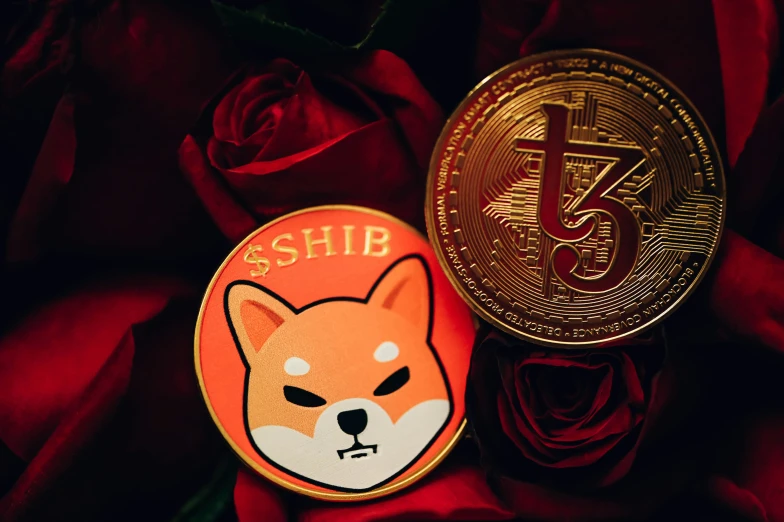 a close up of a red rose with two coins in the background