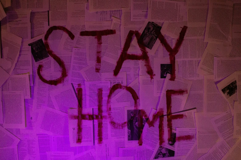 a wall is adorned with a sign that reads stay home