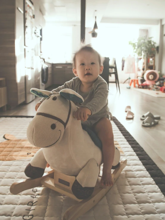 a baby on a toy rocking horse with light shining in the background