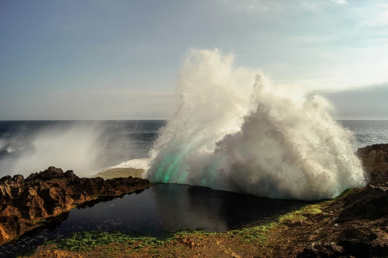 waves splash on the water and rocks at the edge of the ocean