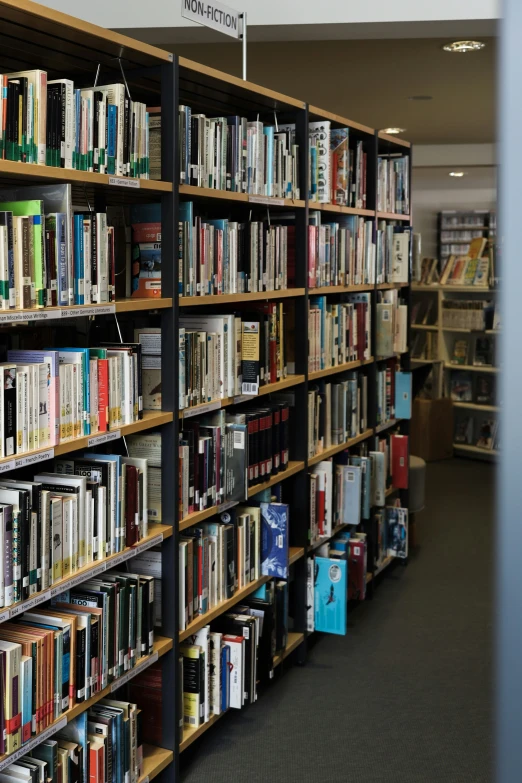 a long wall full of books that has a flag above it