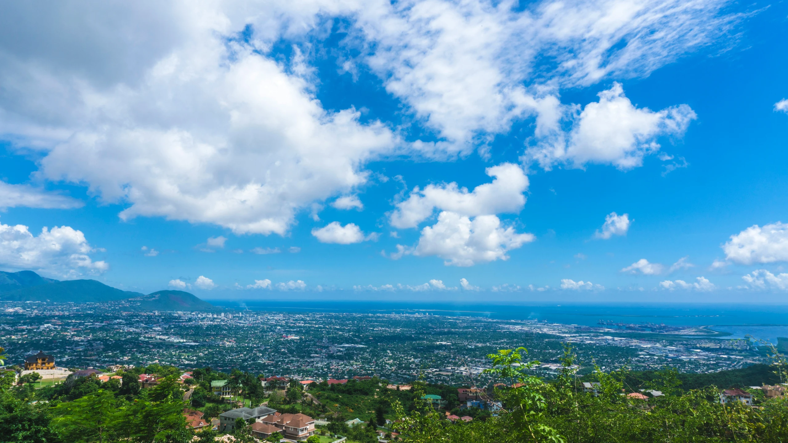 aerial view of tropical landscape and a distant city