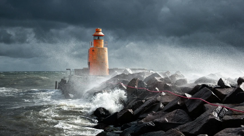 waves crashing against rocks, and a light house in the distance