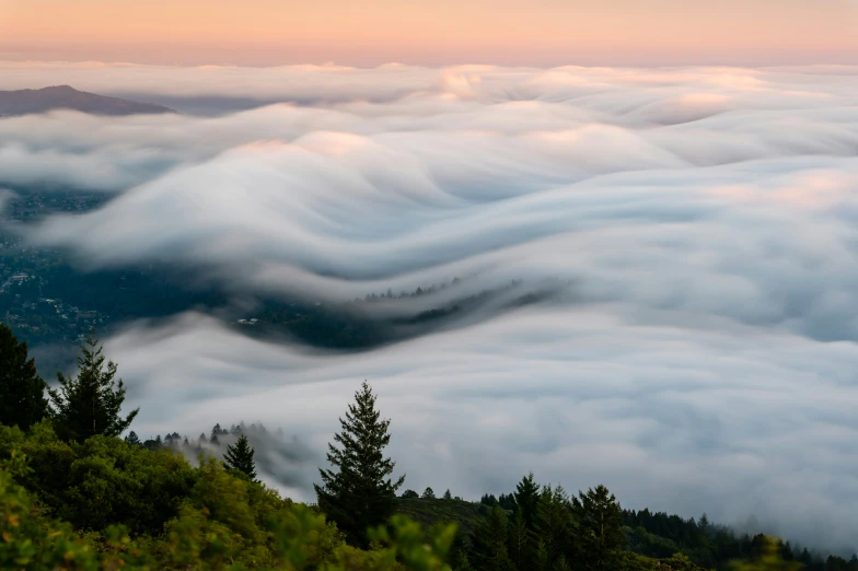 the sky is filled with clouds above a forest