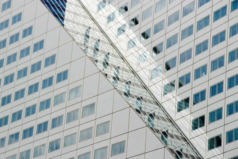 two tall white buildings with windows in front