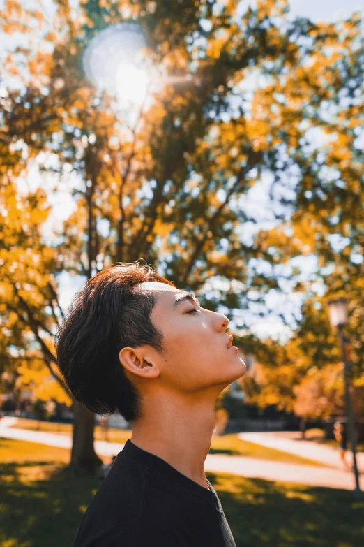 a man looking up in a park with yellow trees in the background