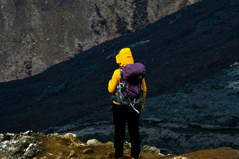 a person is standing on the mountain side looking out