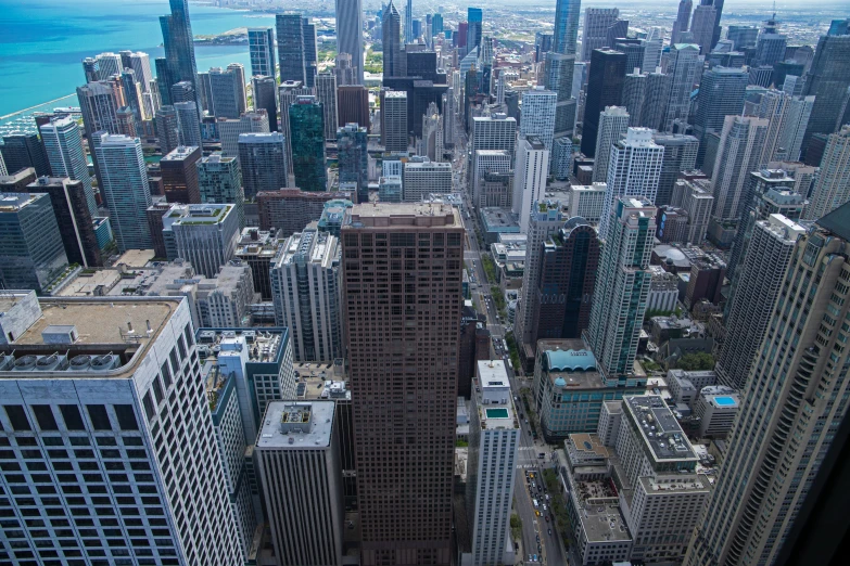 the view from a large skyscr building in the city