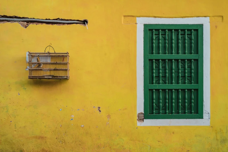 yellow wall with green window and a bird cage in front of the open shutters