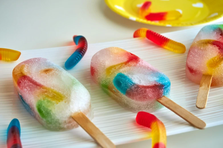 colorful popsicles on a white surface with forks