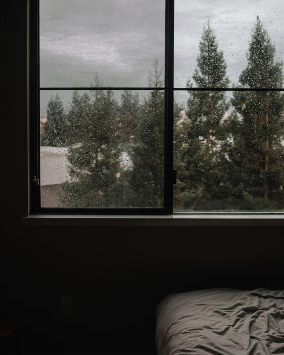 window view over a bed and a forested landscape