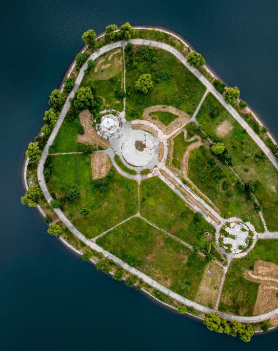 an aerial view of a large park with a circular shape