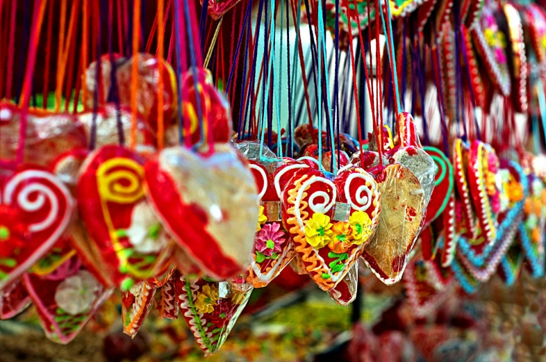 different types of candies are hung in front of each other