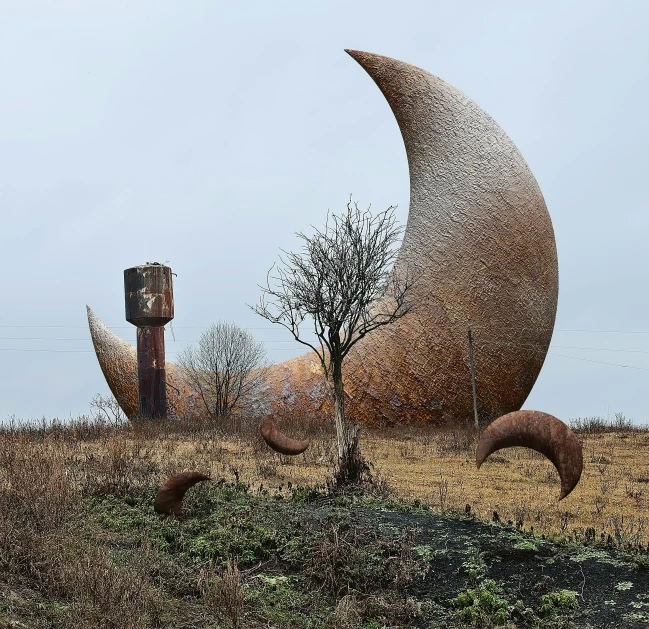 a sculpture sits on a hill with a wooden post sticking out of it