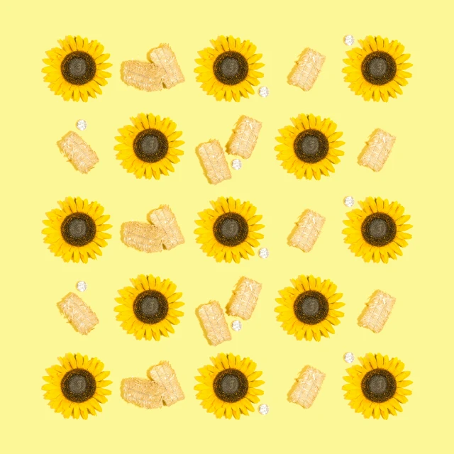 a yellow background with a bunch of sunflower and biscuits