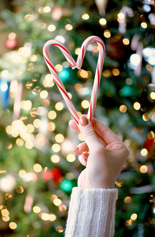 a person holding up a candy cane with a heart shape