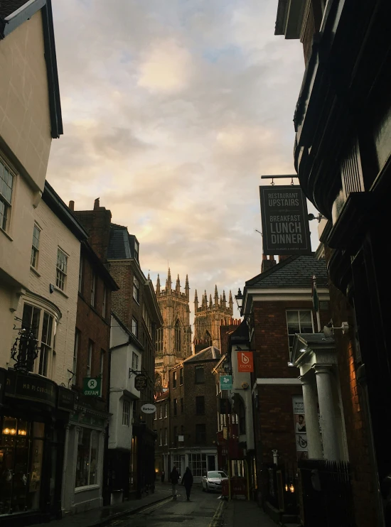 a city street that has buildings on either side