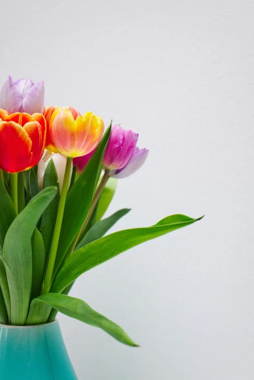 colorful flowers in a blue vase with green leaves