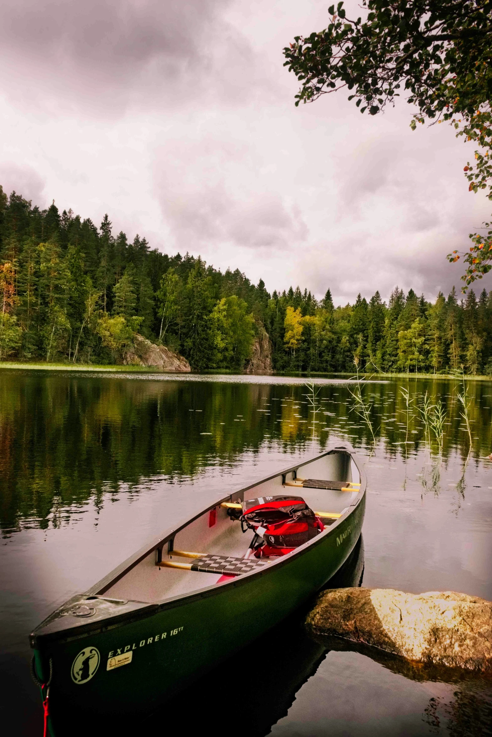 the boat sits on the shore by a tree lined river