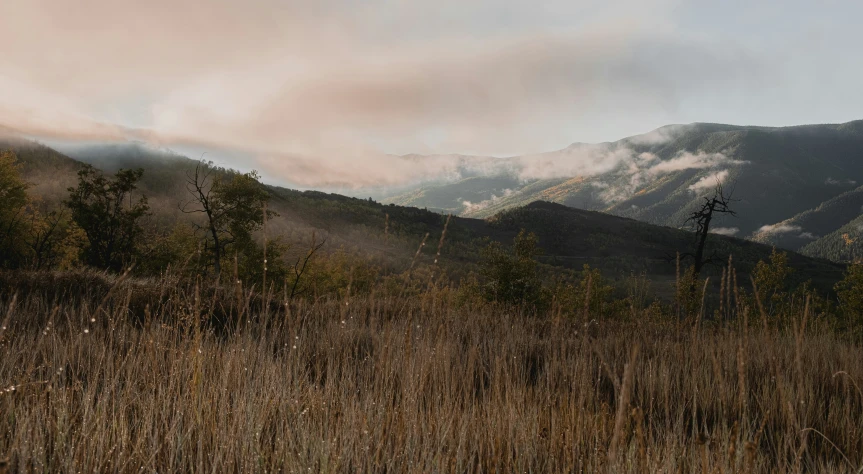 the clouds hang low over the mountains on the edge