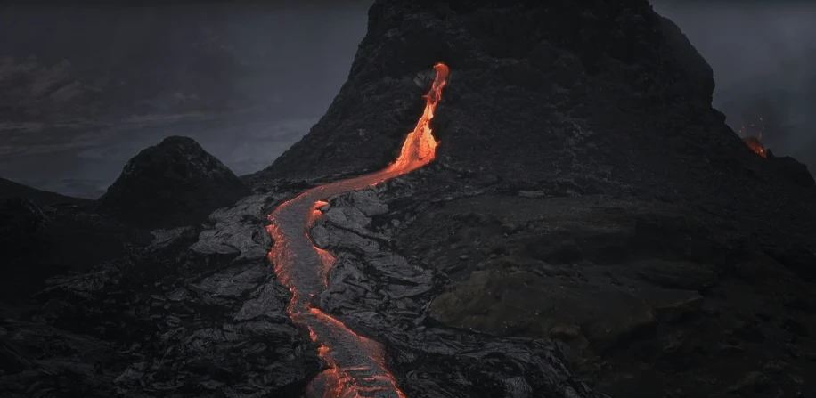 a view of the lava flow along a rocky mountain slope