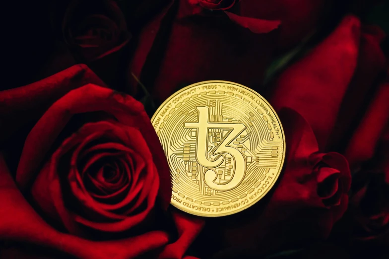 a bit coin is surrounded by flowers