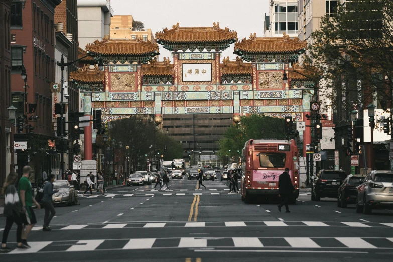 a view of an ornate archway in the city