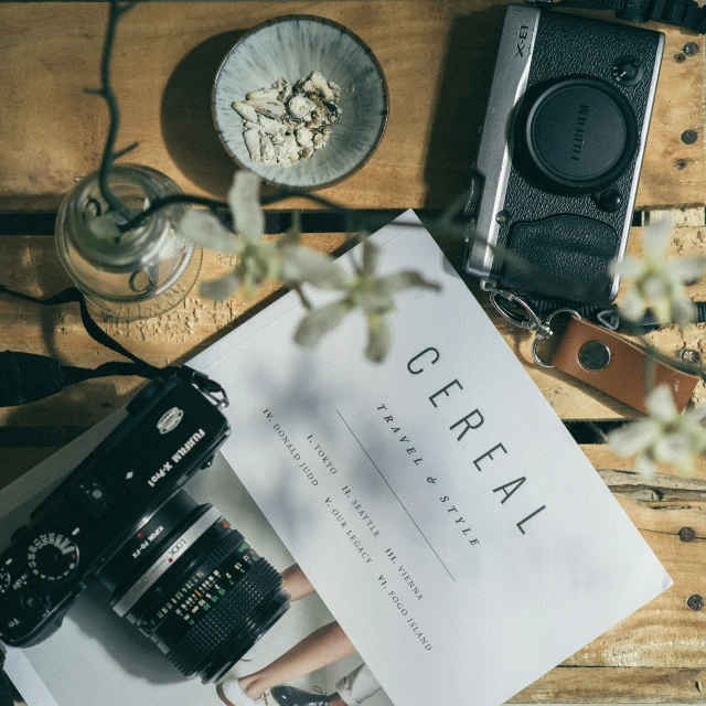 a book with a camera and a person holding a magazine